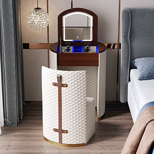 Coiffeuse ronde crème et noyer AUBRYNE, vue de face avec tabouret