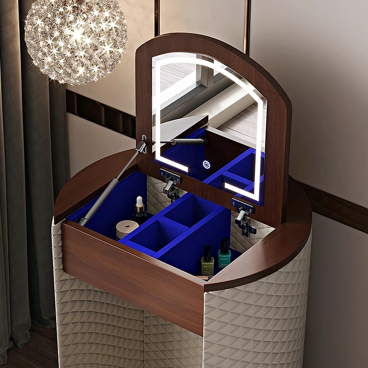 Coiffeuse ronde crème et noyer AUBRYNE, plateau relevable et rangements