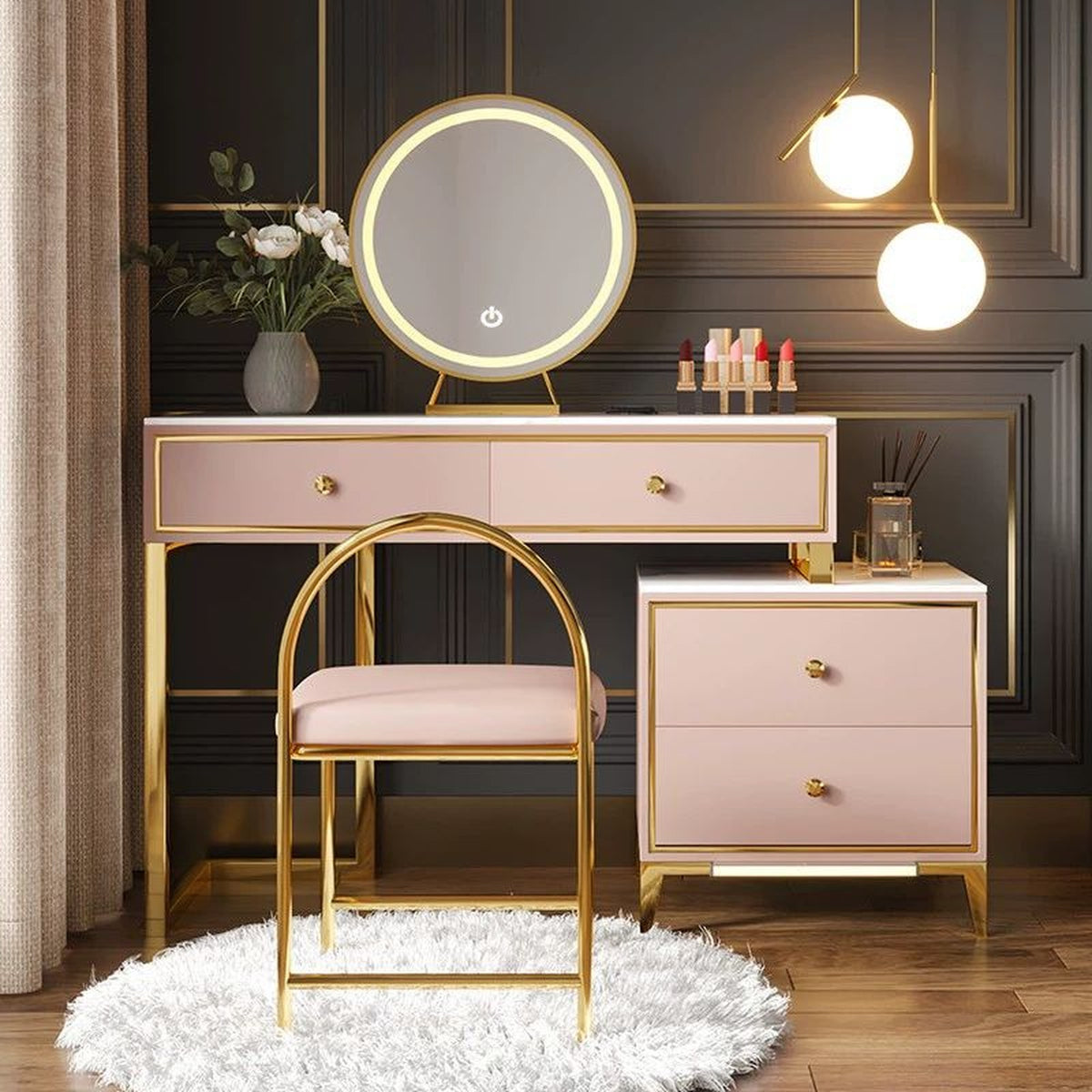 Coiffeuse rose poudré avec meuble 2 tiroirs et chaise