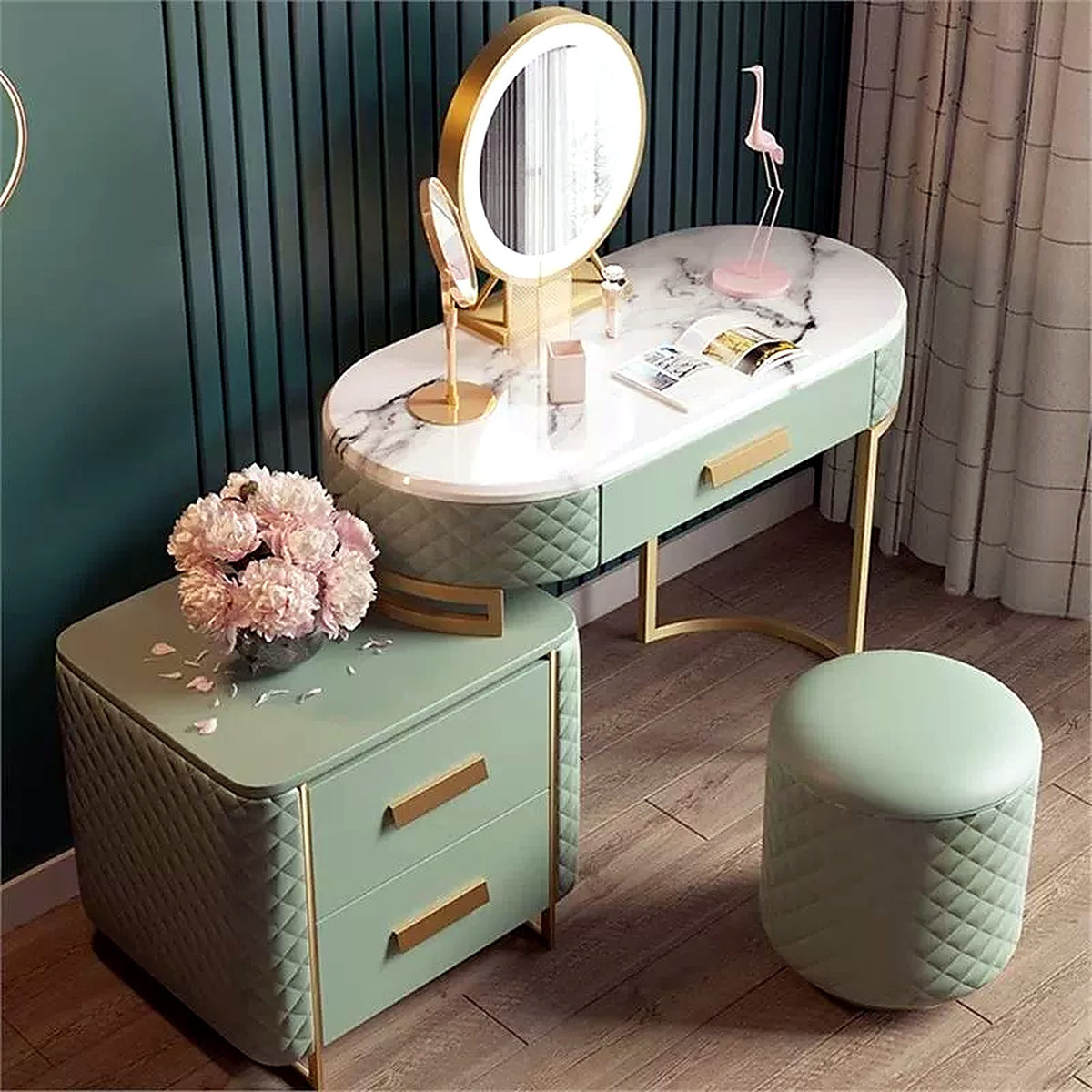 Coiffeuse vert sauge matelassée avec miroir LED et tabouret assorti - vue de face
