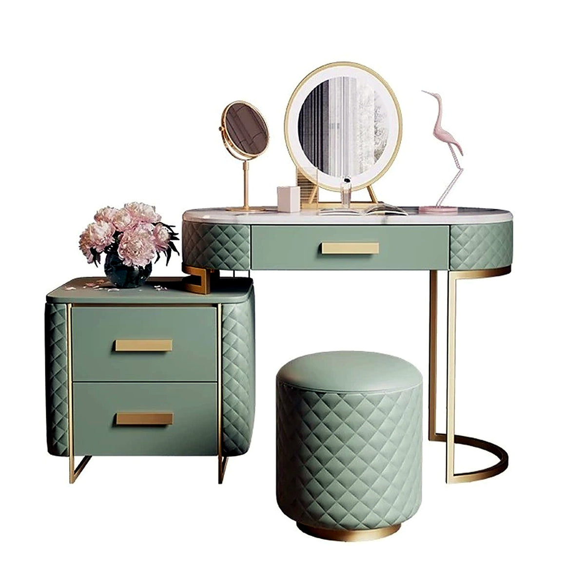 Coiffeuse vert sauge matelassée avec miroir LED et tabouret assorti - packshot