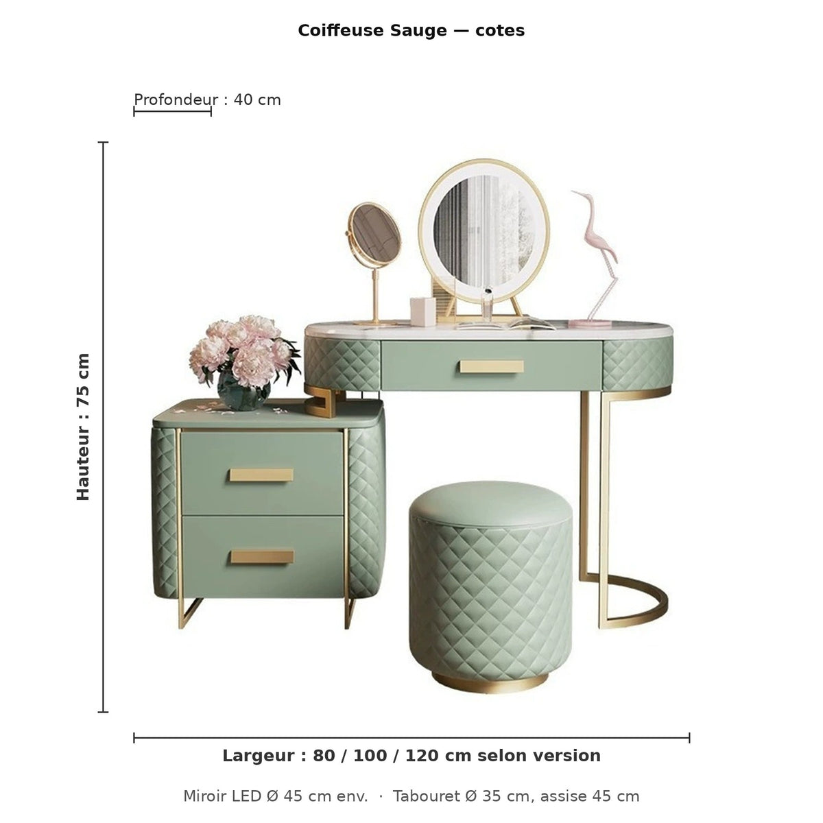 Coiffeuse vert sauge - cotes et dimensions