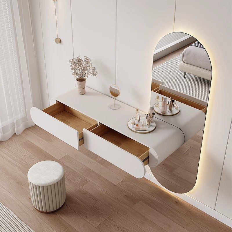 Coiffeuse suspendue crème, tiroirs ouverts