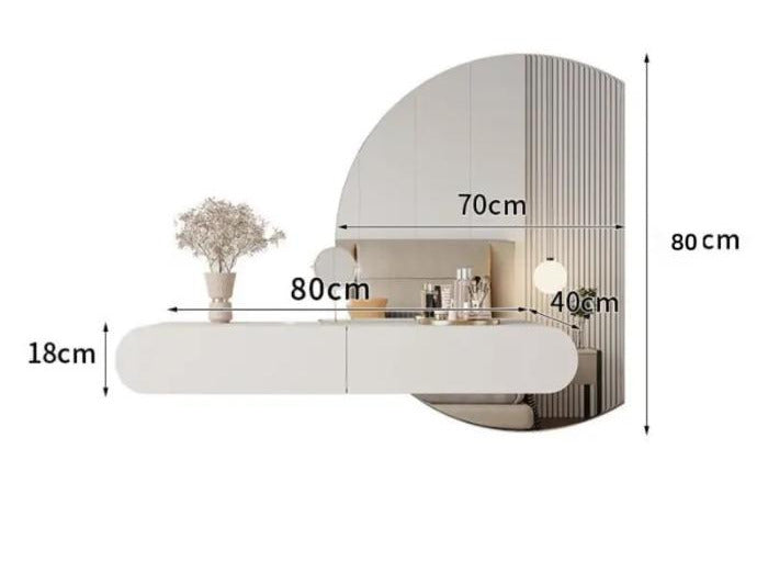 Coiffeuse suspendue - dimensions avec miroir demi-lune : 80 × 40 × 18 cm, miroir 70 × 80 cm