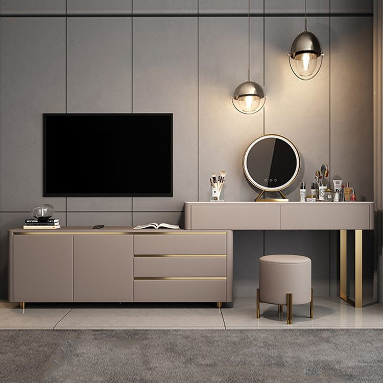 Coiffeuse taupe avec meuble TV, miroir LED et pouf