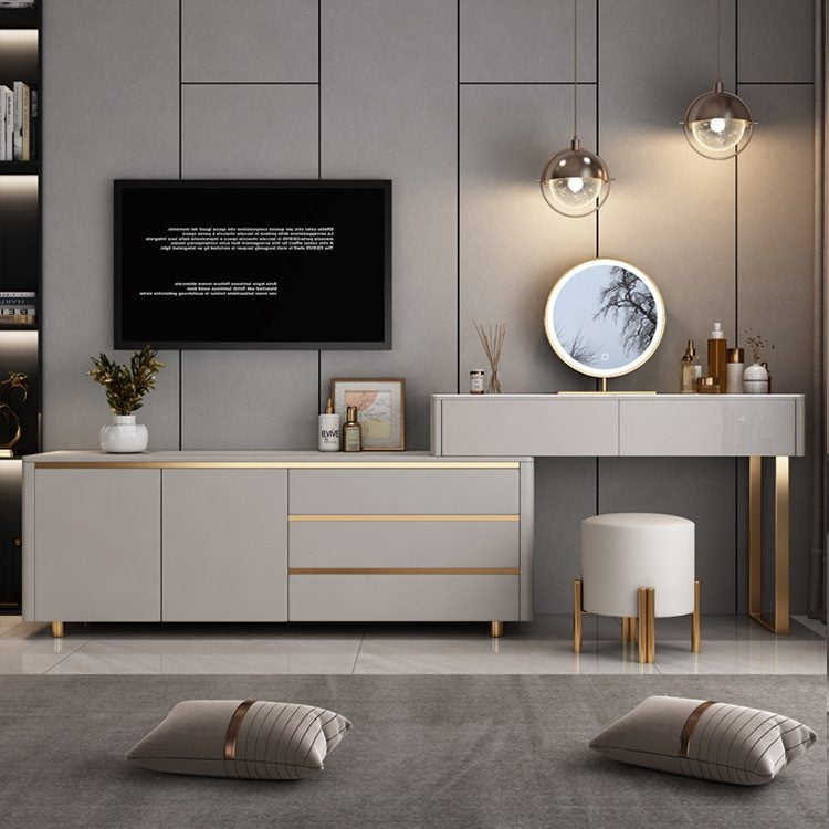 Coiffeuse taupe, vue d'ensemble avec meuble TV