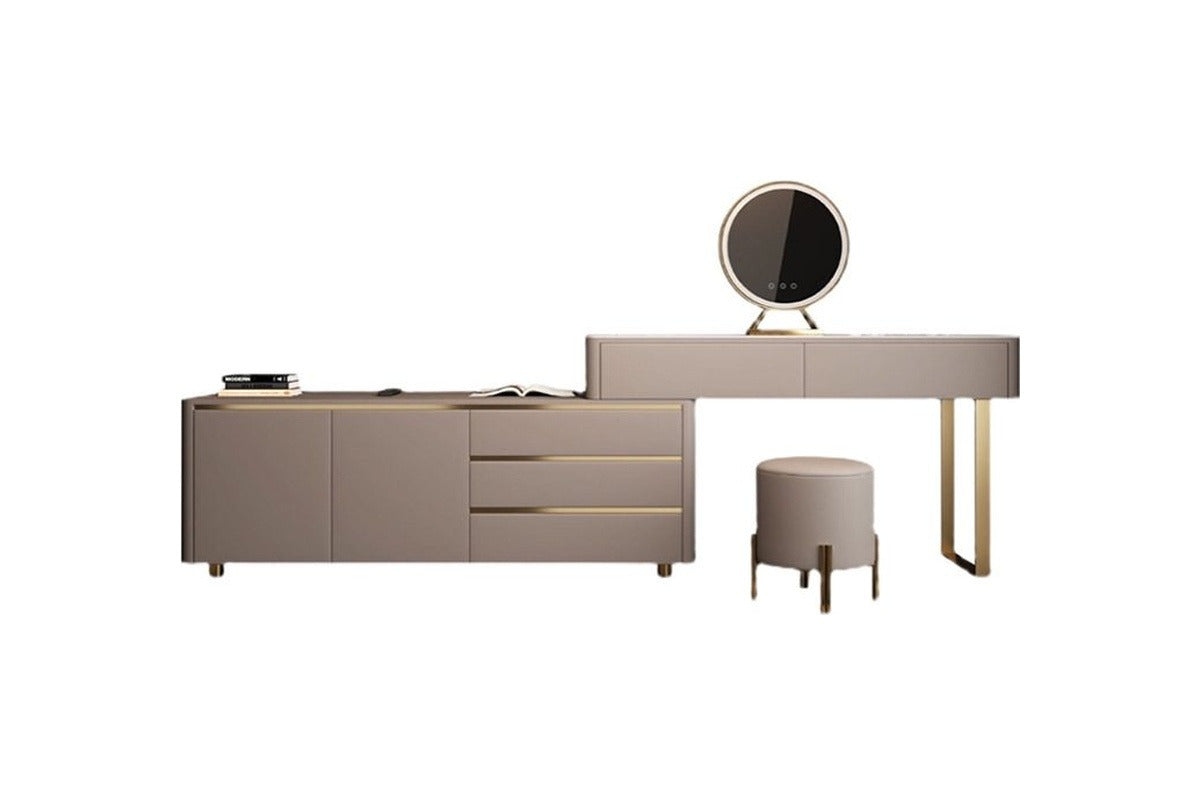 Coiffeuse taupe avec meuble TV, miroir LED et pouf, fond blanc