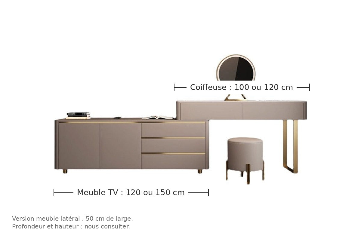 Coiffeuse taupe - dimensions : coiffeuse 100 ou 120 cm, meuble TV 120 ou 150 cm
