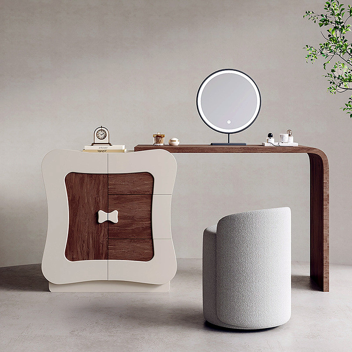 Coiffeuse vintage AUBRYNE noyer avec commode, miroir LED et tabouret