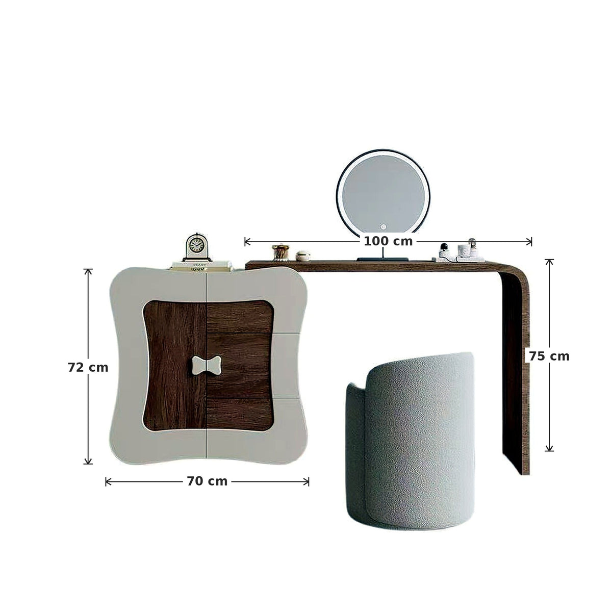 Coiffeuse vintage AUBRYNE, set complet avec dimensions sur fond blanc