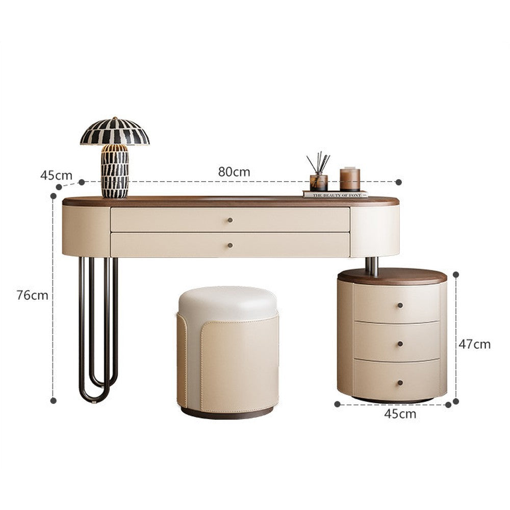 Coiffeuse crème et noyer avec commode ronde – 80 cm/Coiffeuse + commode + tabouret