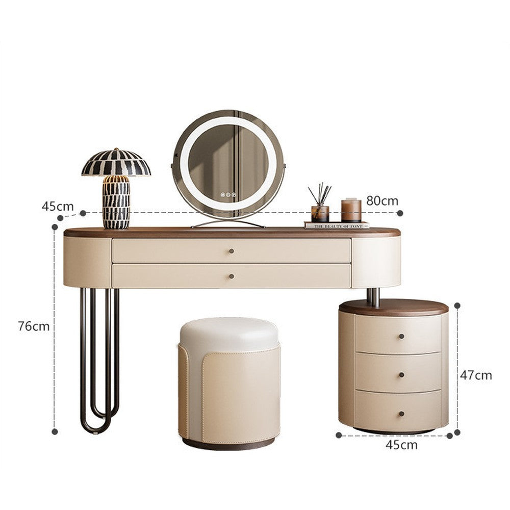 Coiffeuse crème et noyer avec commode ronde – 80 cm/Coiffeuse + commode + miroir + tabouret offert