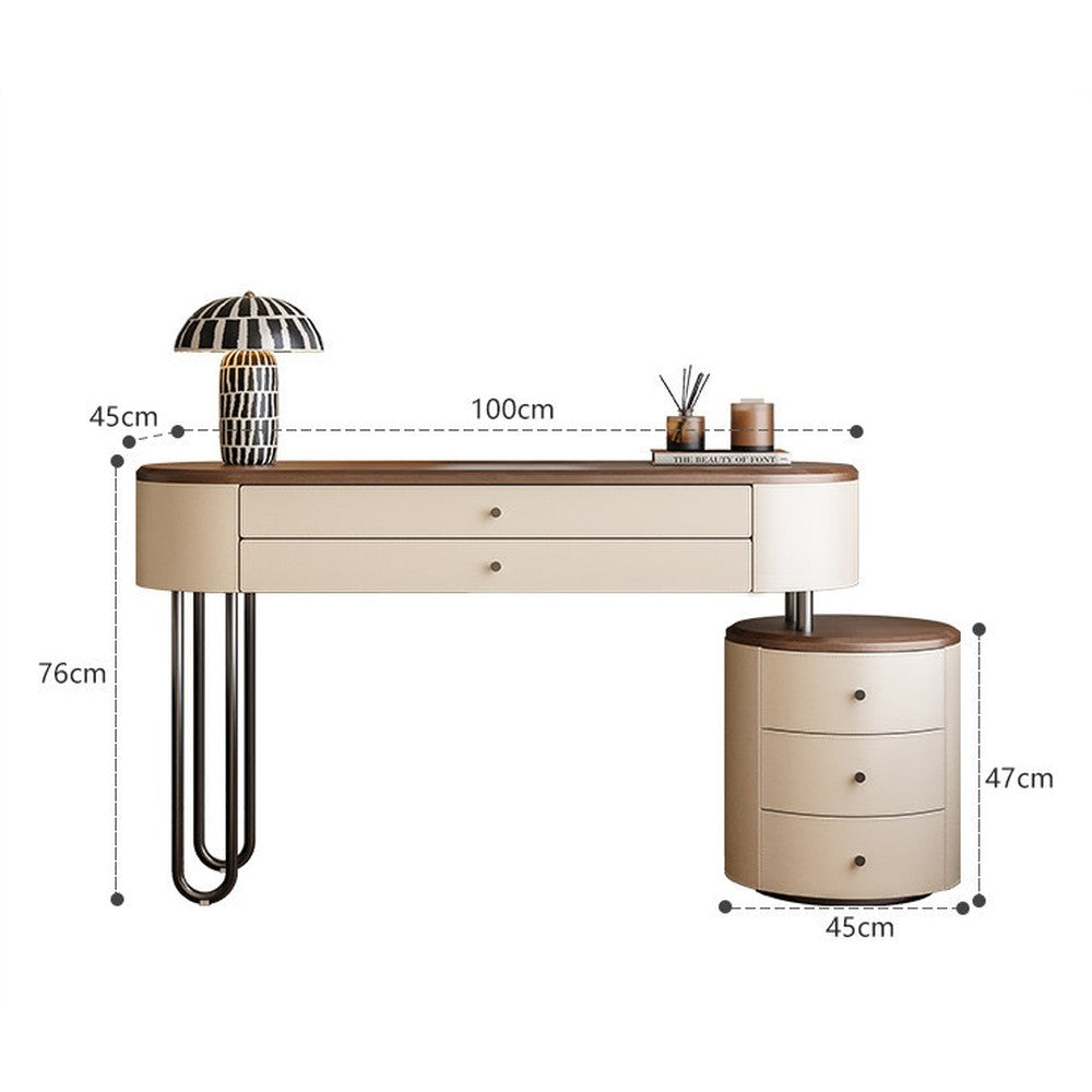 Coiffeuse crème et noyer avec commode ronde – 100 cm/Coiffeuse + commode