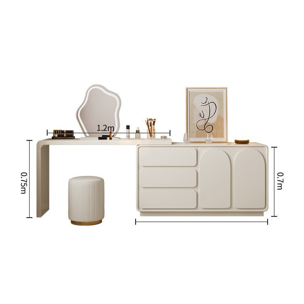 Coiffeuse laquée crème avec meuble à tiroirs – + Miroir LED + tabouret cuir gratuit