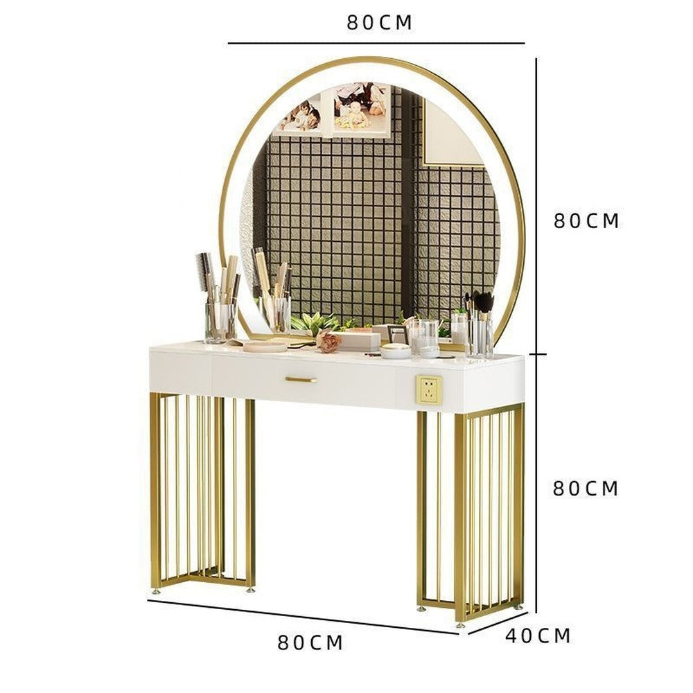 Coiffeuse blanche pieds dorés style Hollywood – 80 cm/Coiffeuse + miroir LED