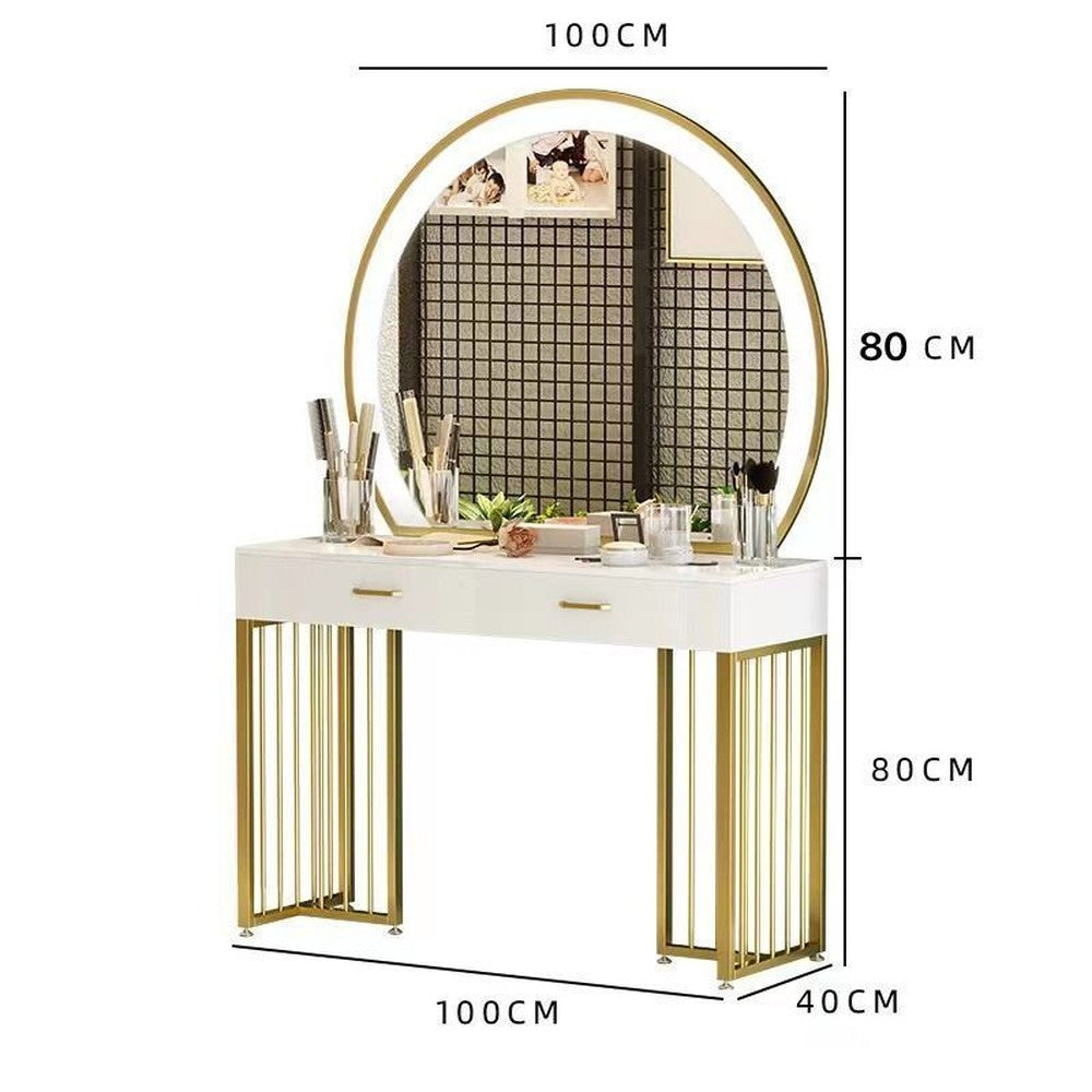 Coiffeuse blanche pieds dorés style Hollywood – 100 cm/Coiffeuse + miroir LED