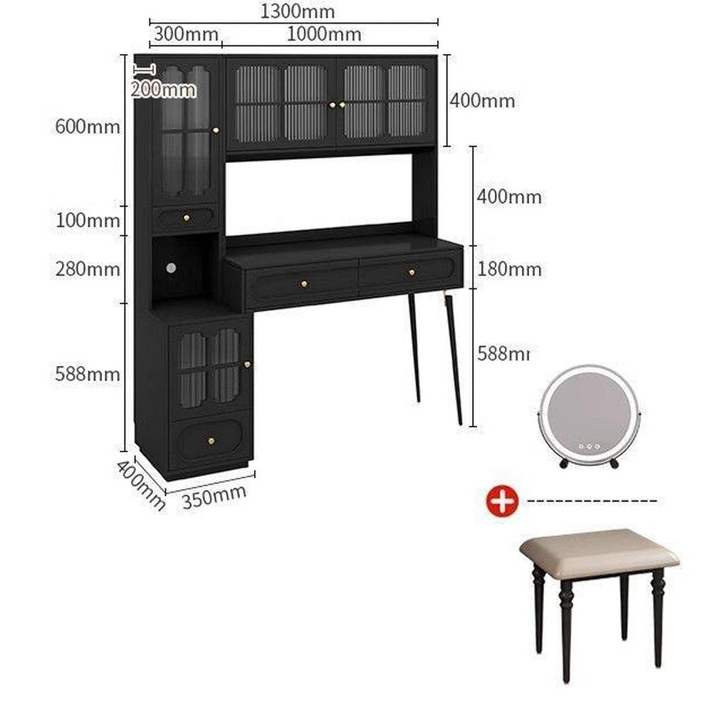 Coiffeuse noire style français en bois massif – 130 cm/+ Miroir intelligent + Tabouret gratuit