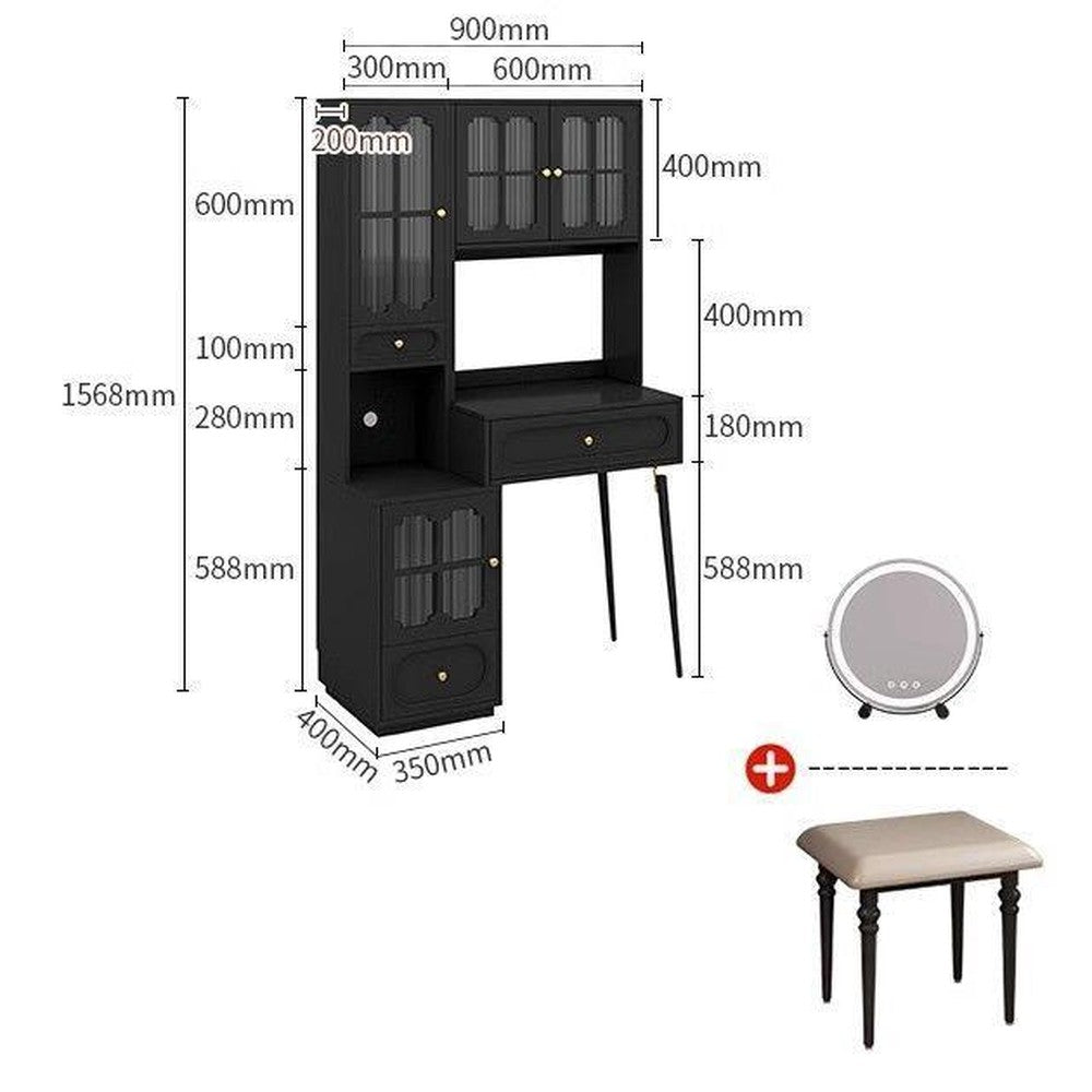 Coiffeuse noire style français en bois massif – 90 cm/+ Miroir intelligent + Tabouret gratuit