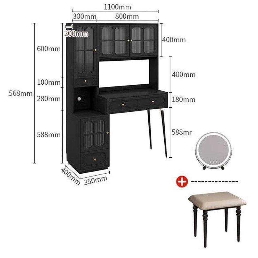 Coiffeuse noire style français en bois massif – 110 cm/+ Miroir intelligent + Tabouret gratuit