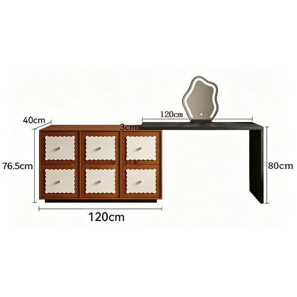 Coiffeuse rétro noyer avec commode 6 tiroirs – + Miroir nuage LED