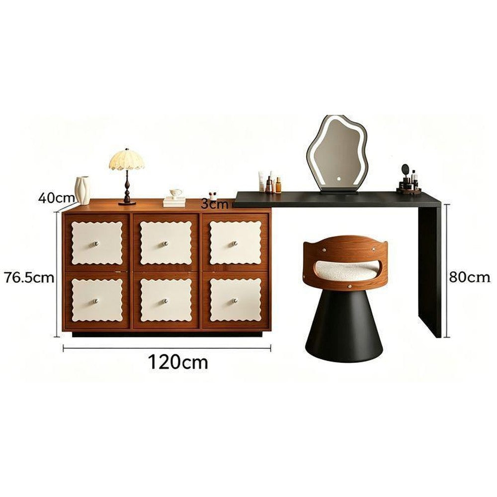 Coiffeuse rétro noyer avec commode 6 tiroirs – + Miroir nuage LED + Tabouret gratuit