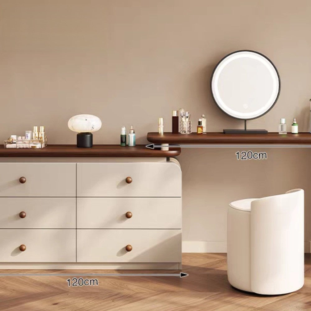 Coiffeuse crème et noyer mid-century – + Miroir LED