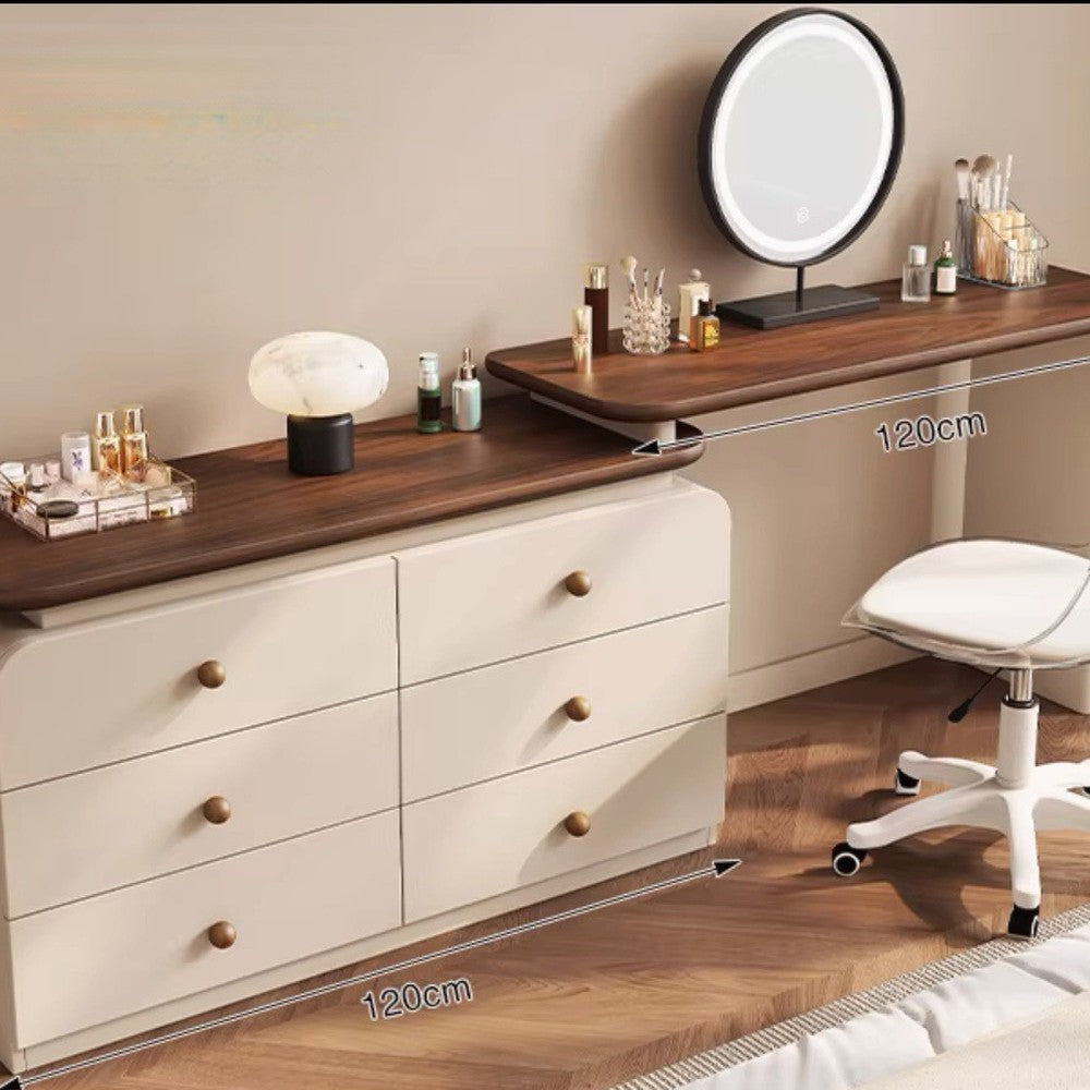 Coiffeuse crème et noyer mid-century – + Miroir LED + Fauteuil gratuit