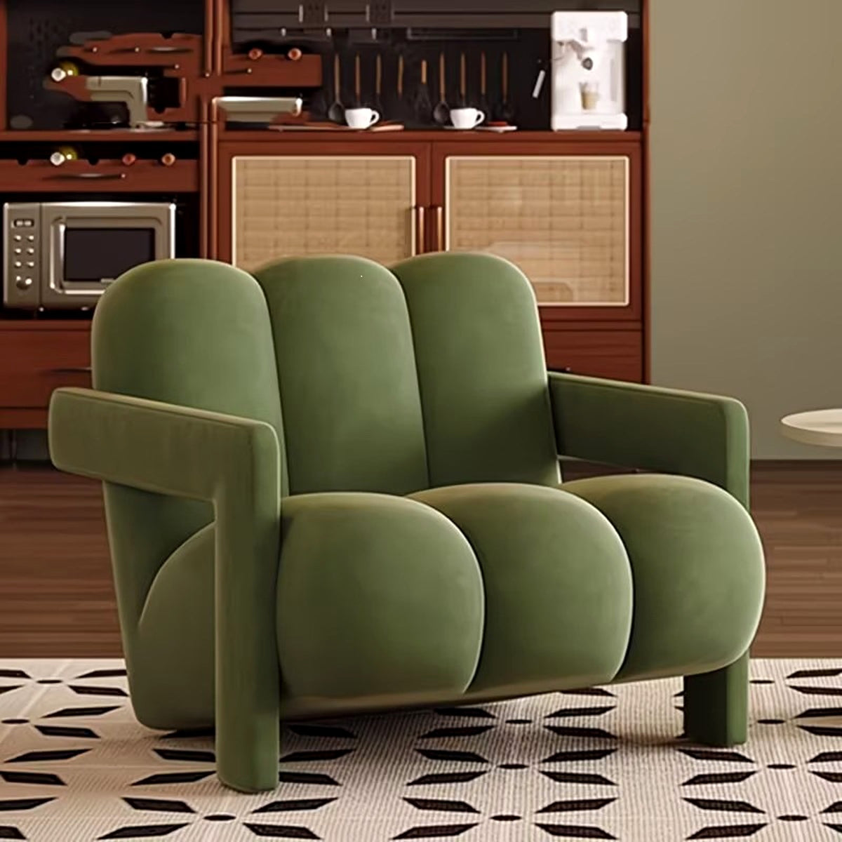 Fauteuil lounge à boudins en velours vert sauge