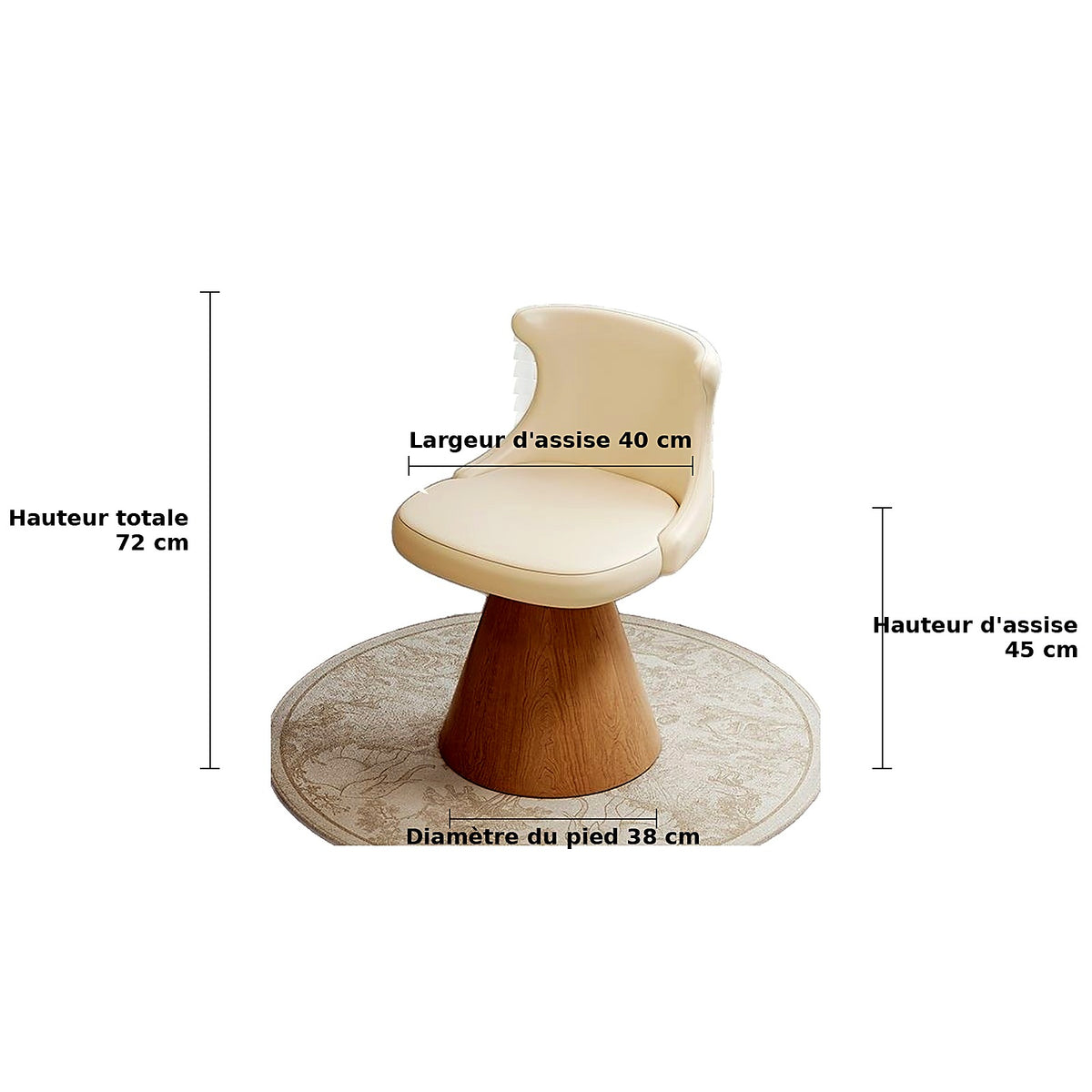Fauteuil de coiffeuse pivotant AUBRYNE, dimensions hauteur, largeur et profondeur, fond blanc