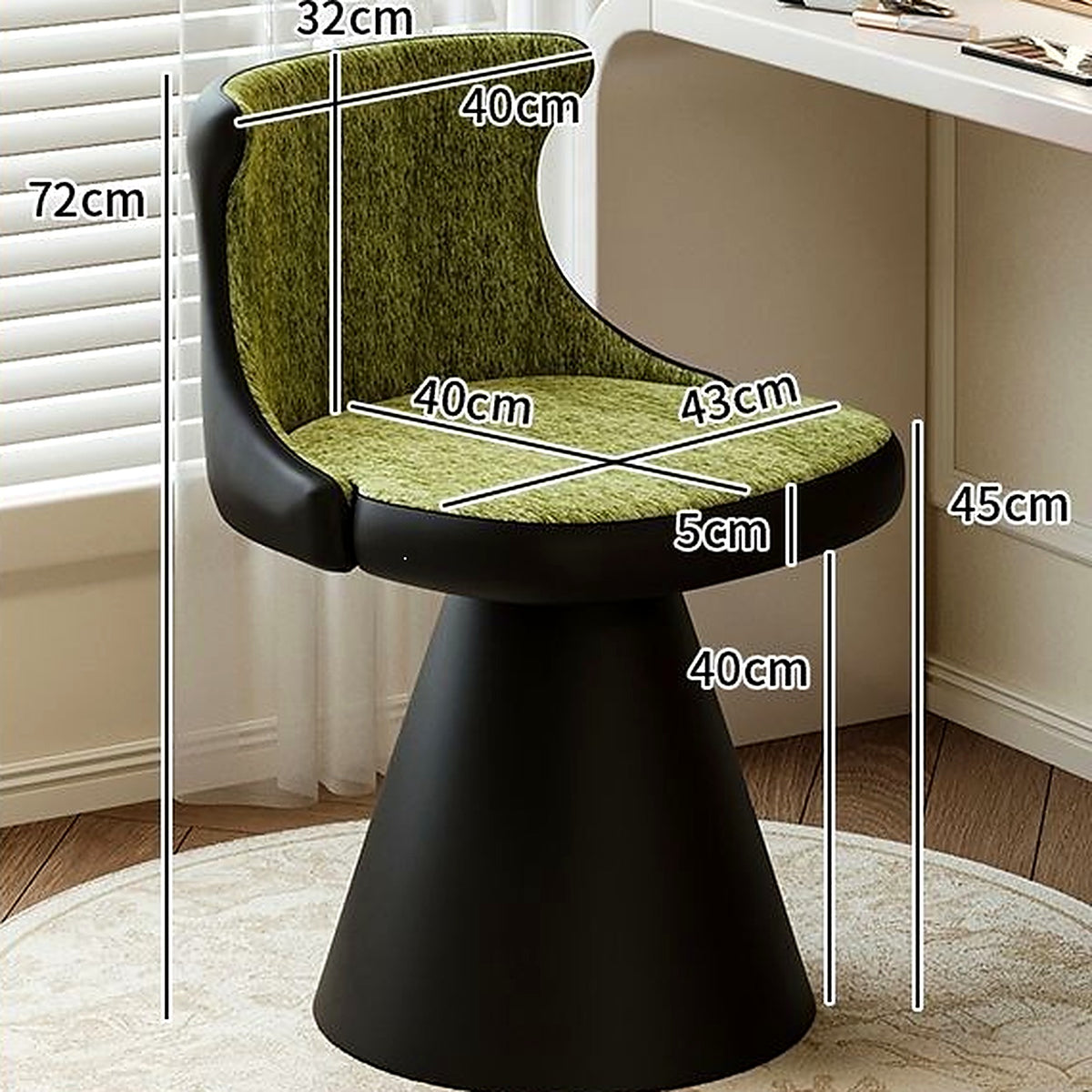 Fauteuil de coiffeuse pivotant AUBRYNE, coloris olive, chenille avec piètement noir