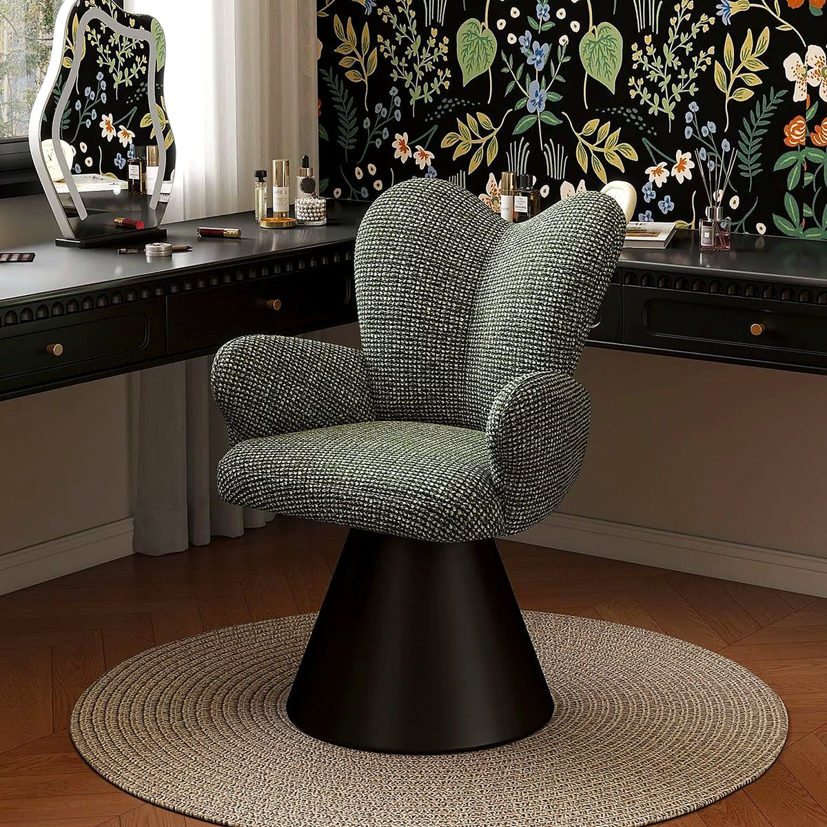 Fauteuil de coiffeuse papillon AUBRYNE, vert sauge, en situation devant une coiffeuse