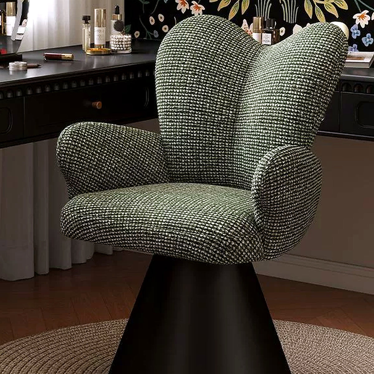 Fauteuil de coiffeuse papillon AUBRYNE, coloris vert sauge, tissu bouclé