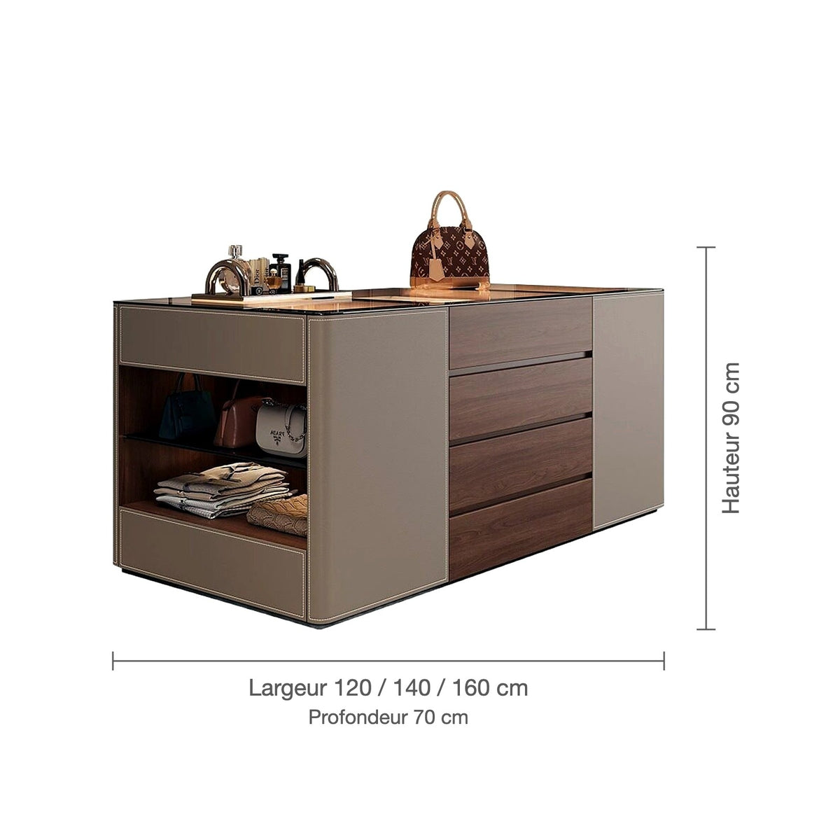 Dimensions de l'îlot de dressing bicolore cuir et bois