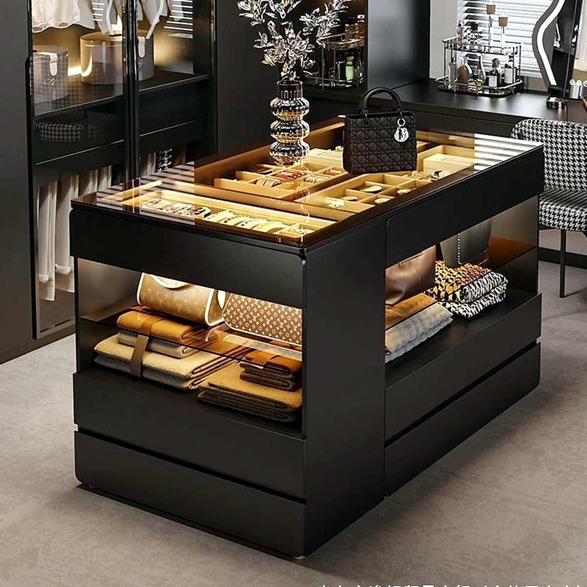 Îlot de dressing AUBRYNE, ambiance dressing, plateau LED et rangements