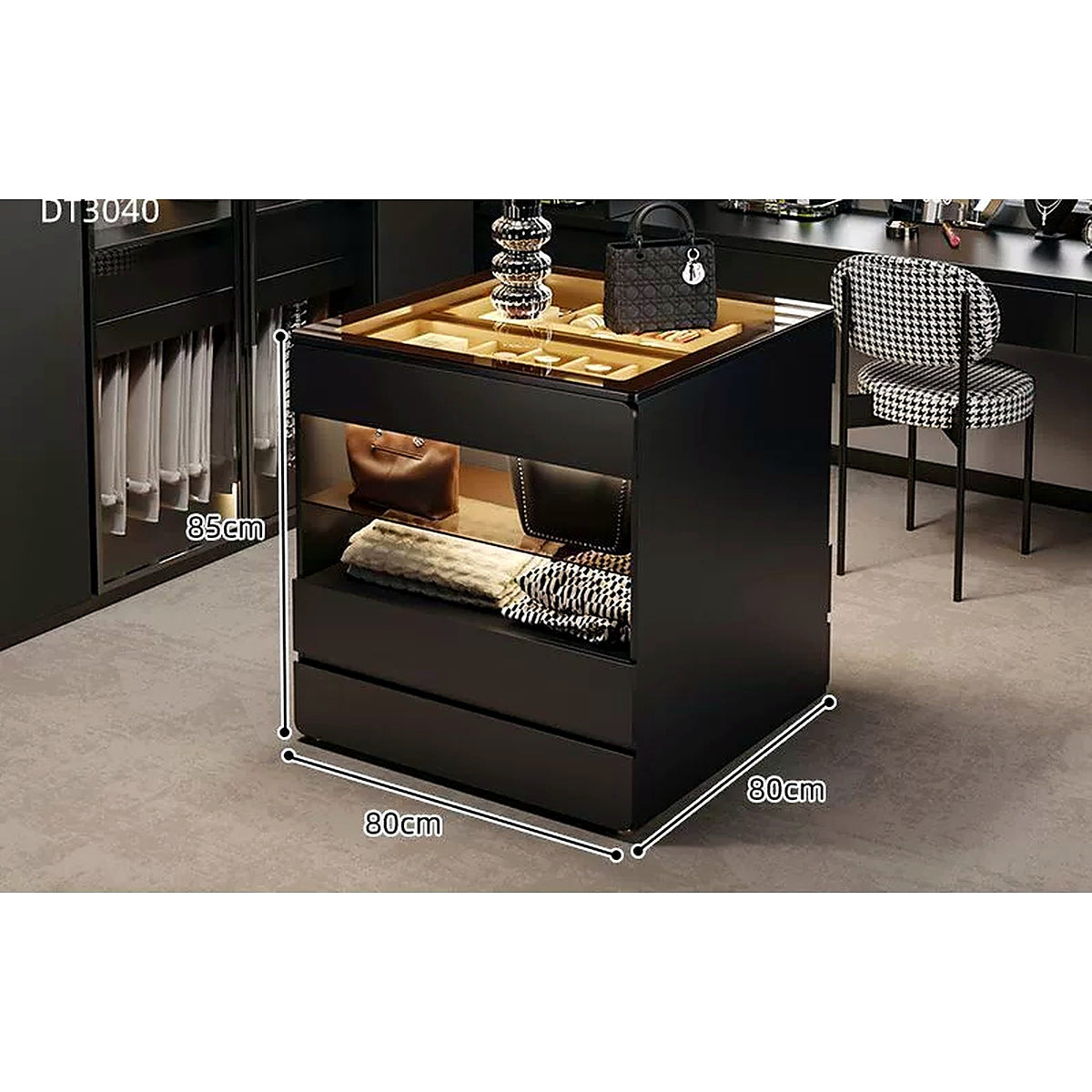Îlot de dressing AUBRYNE 80cm, noir, dimensions