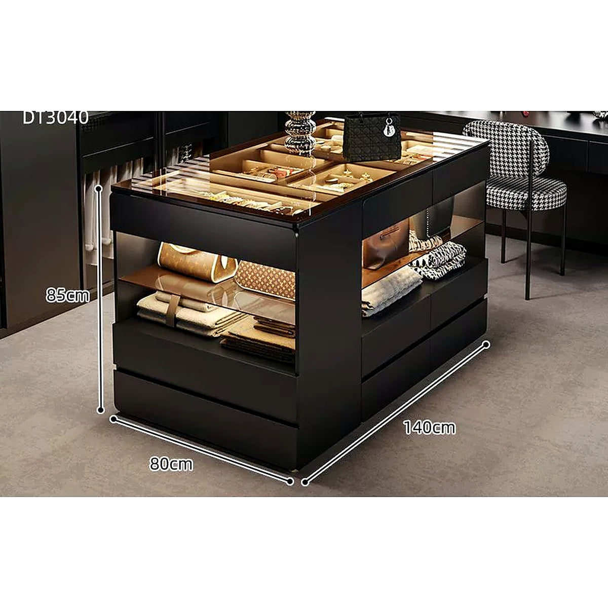 Îlot de dressing AUBRYNE 140cm, noir, dimensions