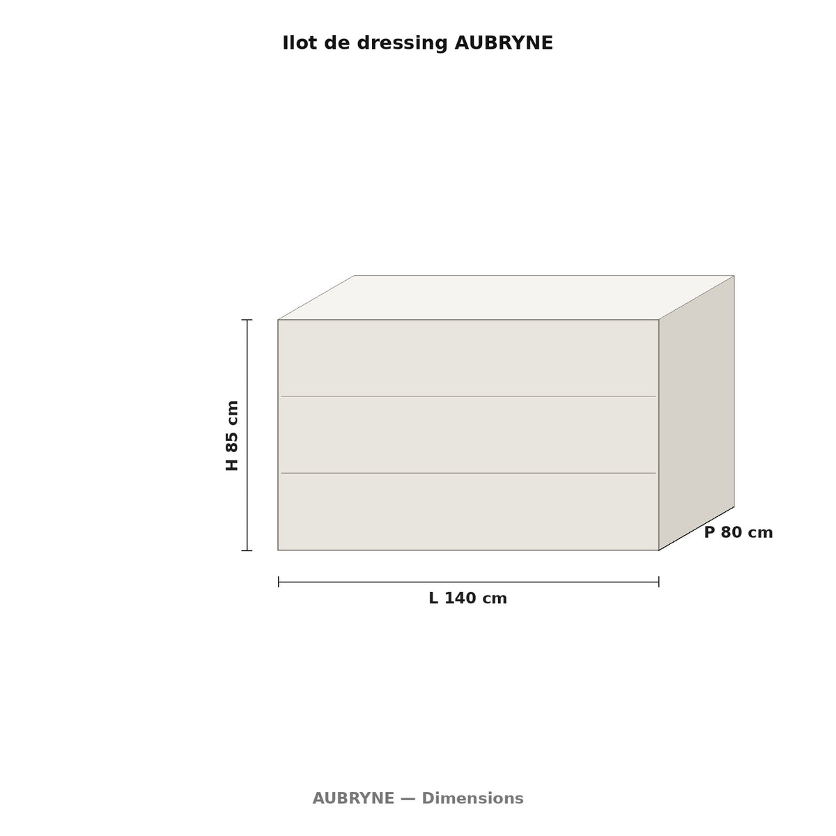 Îlot de dressing AUBRYNE, dimensions, fond blanc