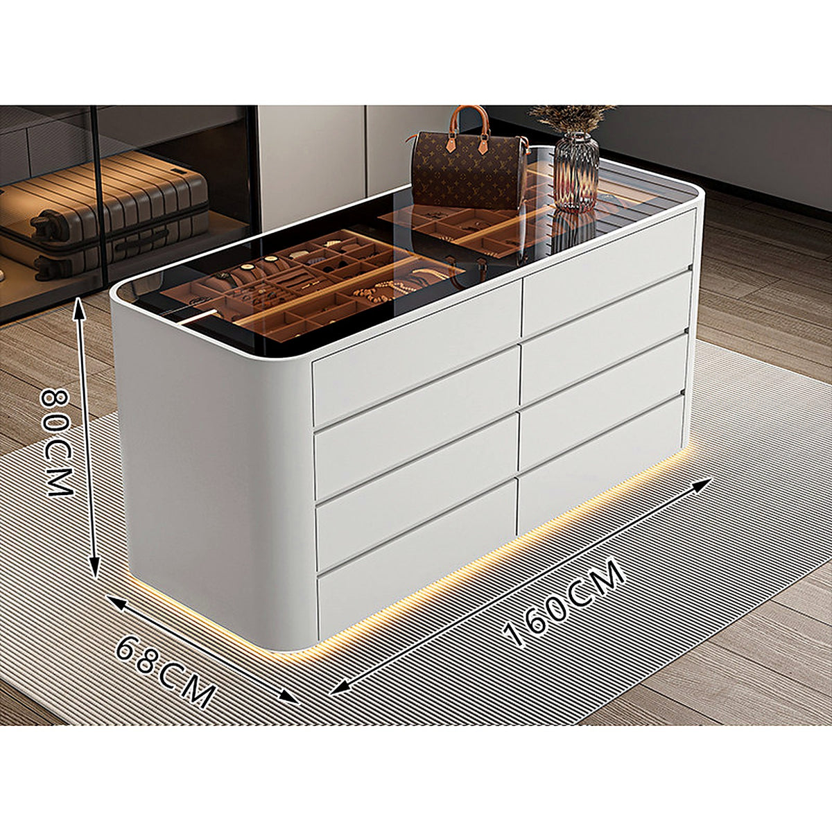 Îlot de dressing AUBRYNE, blanc, plateau vitré et LED