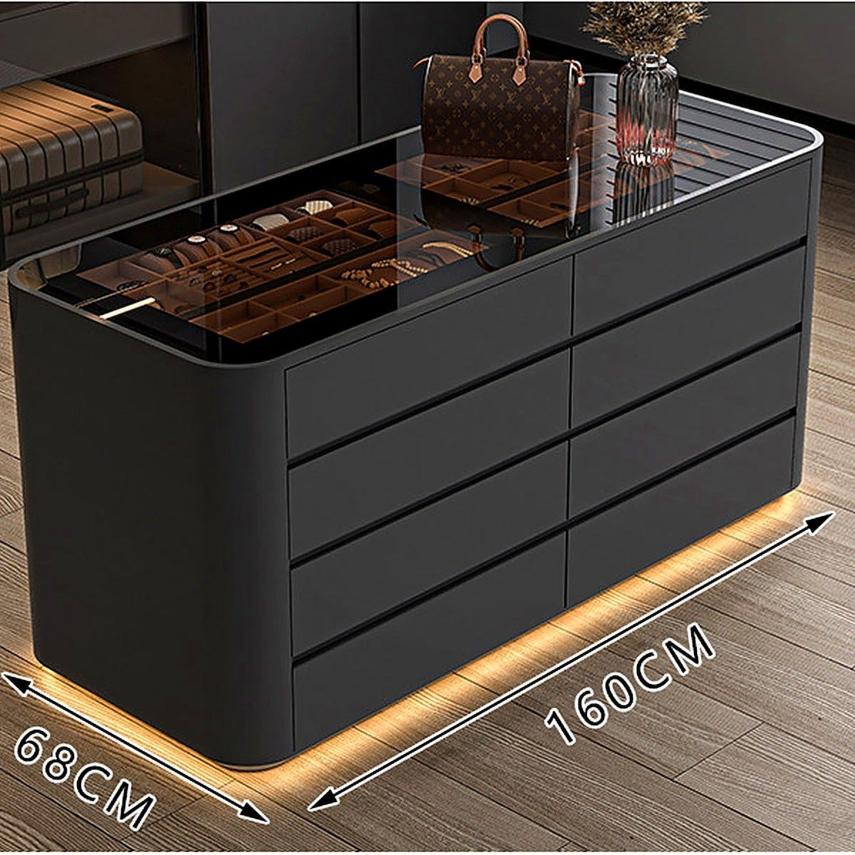 Îlot de dressing AUBRYNE, noir, plateau vitré et LED