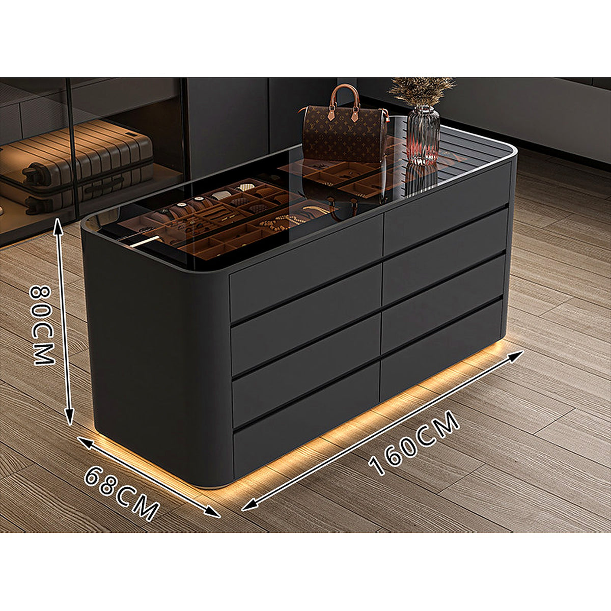 Îlot de dressing AUBRYNE, noir, plateau vitré et LED