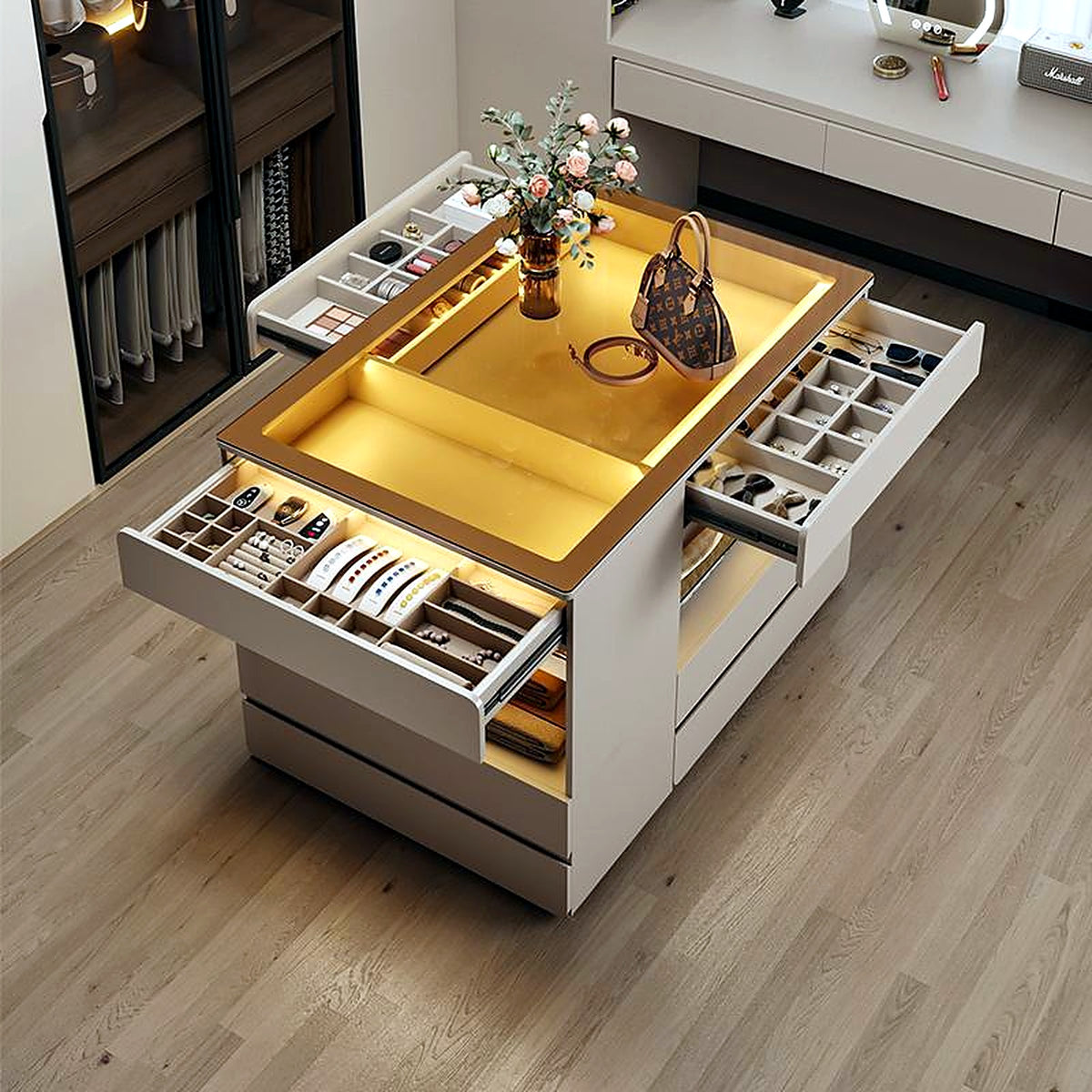 Îlot de dressing AUBRYNE, plateau vitré LED