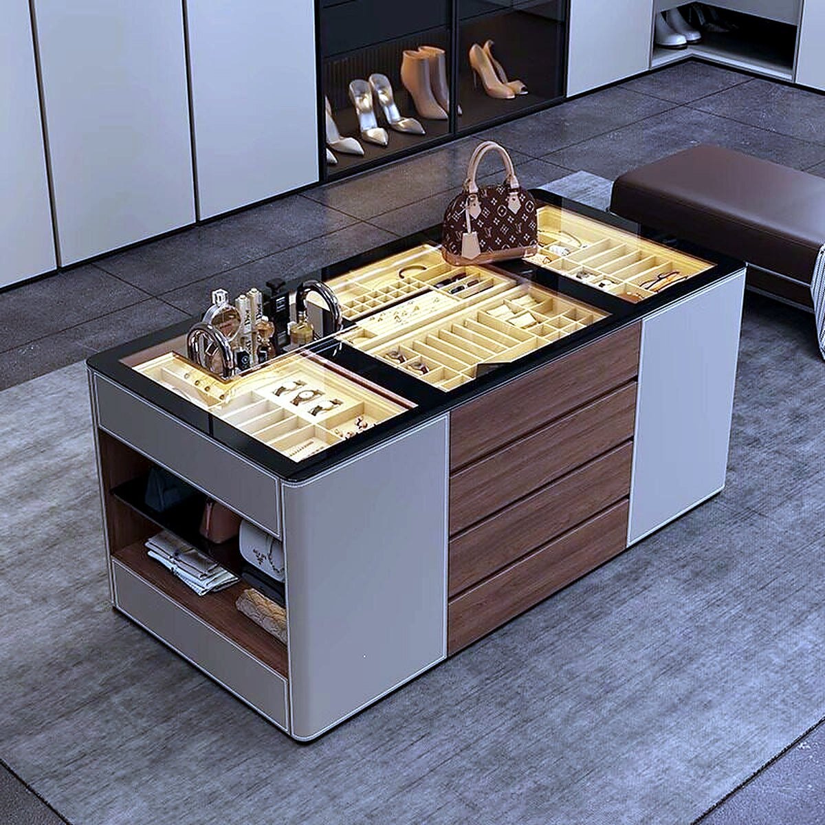 Îlot de dressing AUBRYNE bicolore cuir et bois