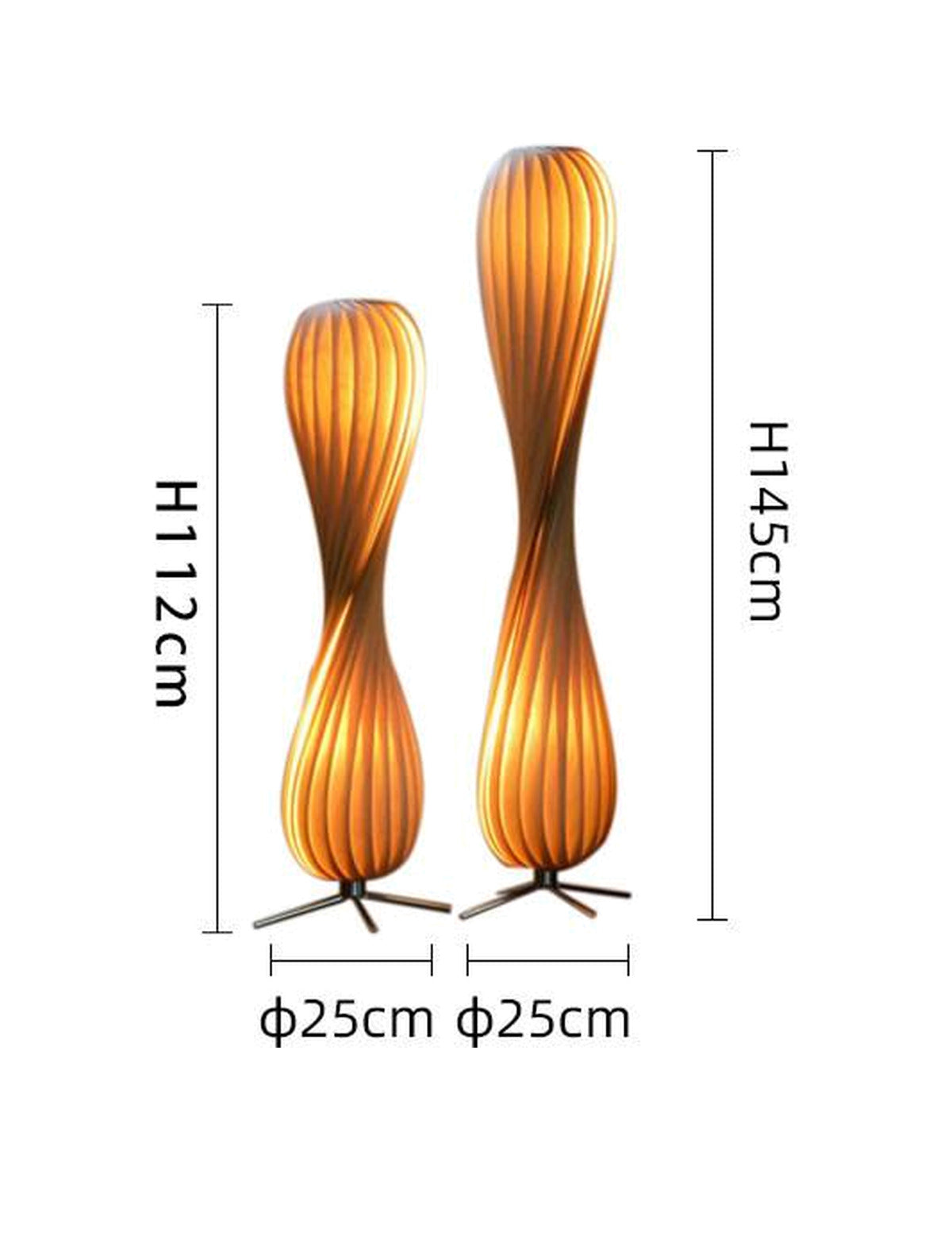 Duo de lampadaires torsadés, fond blanc : H 112 et 145 cm