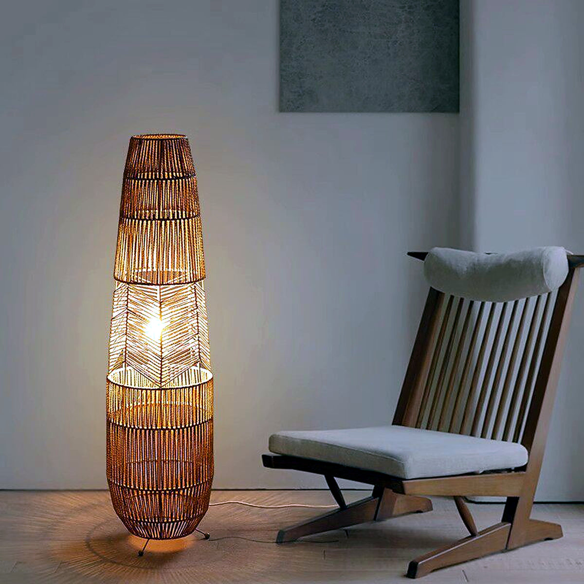 Lampadaire en rotin tressé AUBRYNE, style wabi-sabi