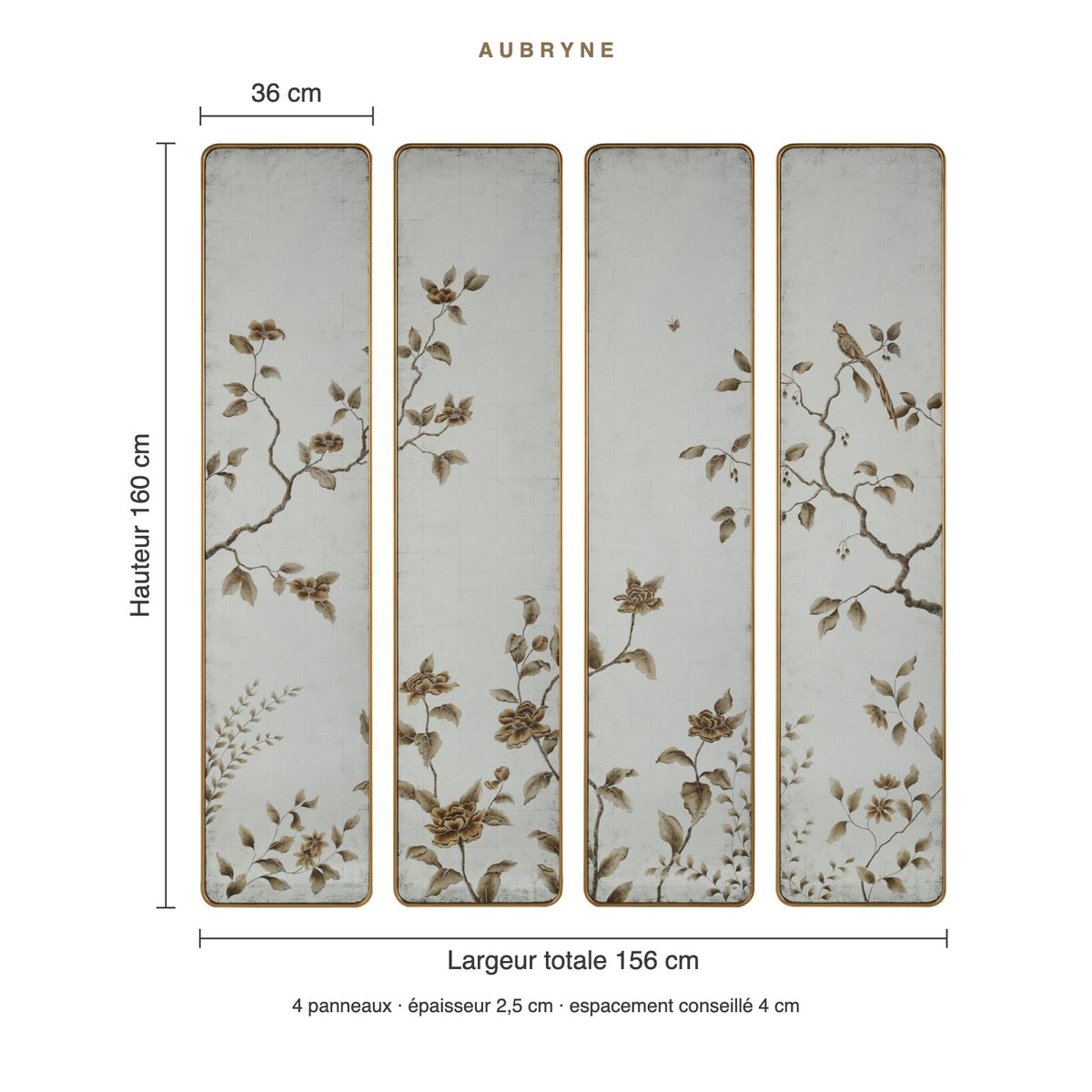 Dimensions du miroir chinoiserie 4 panneaux : hauteur 160 cm, largeur totale 156 cm, panneau 36 cm