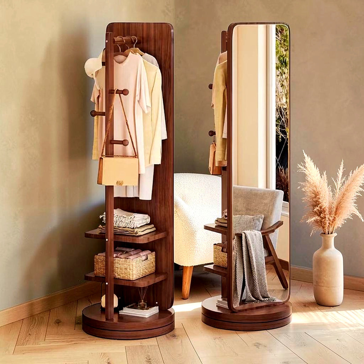 Miroir sur pied pivotant en noyer, côté portant et côté miroir, dans un dressing lumineux