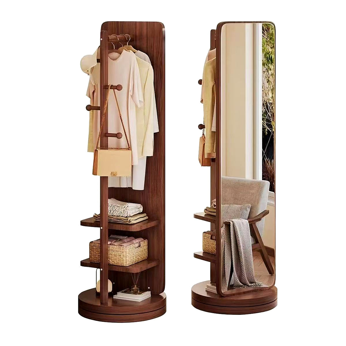 Miroir sur pied pivotant en noyer sur fond blanc, face portant et face miroir