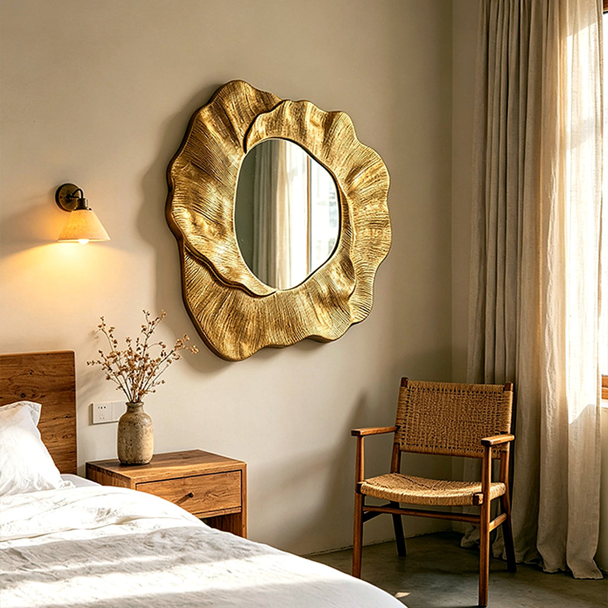 Miroir mural sculpté doré au-dessus d'une chambre