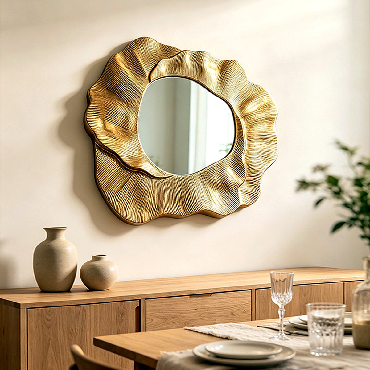 Miroir mural doré au cadre ondulé dans une salle à manger
