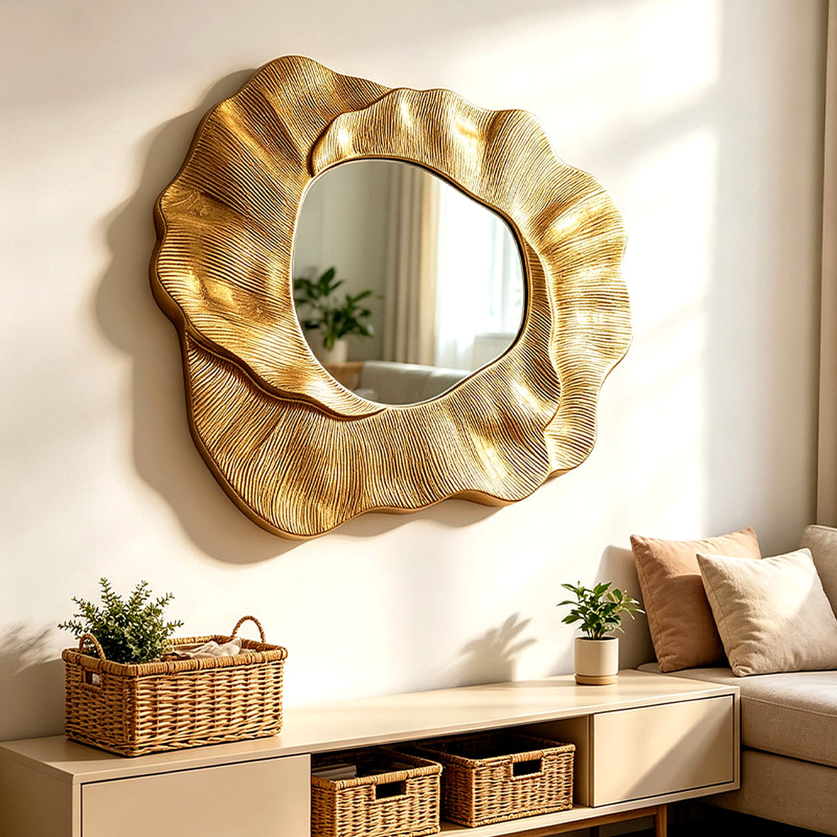 Miroir sculpté effet feuille d'or dans un salon